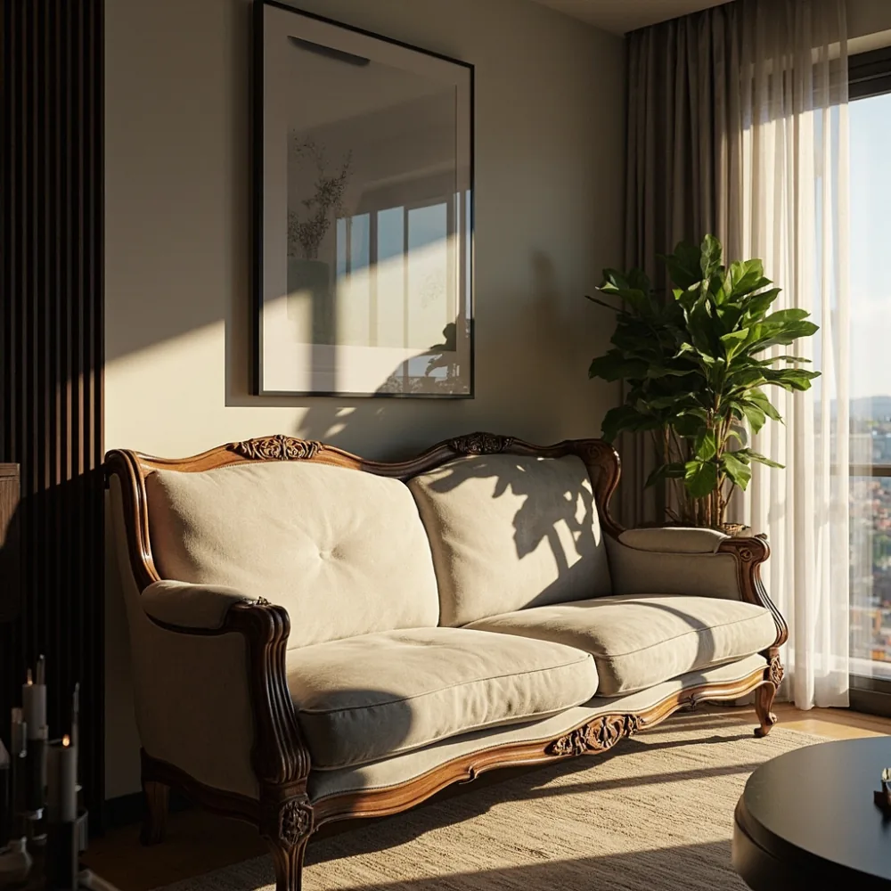 Sofa gaya Perancis kayu pepejal di kondominium mewah
