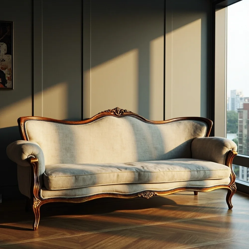 Sofa gaya Perancis kayu pepejal di ruang tamu kondominium KL
