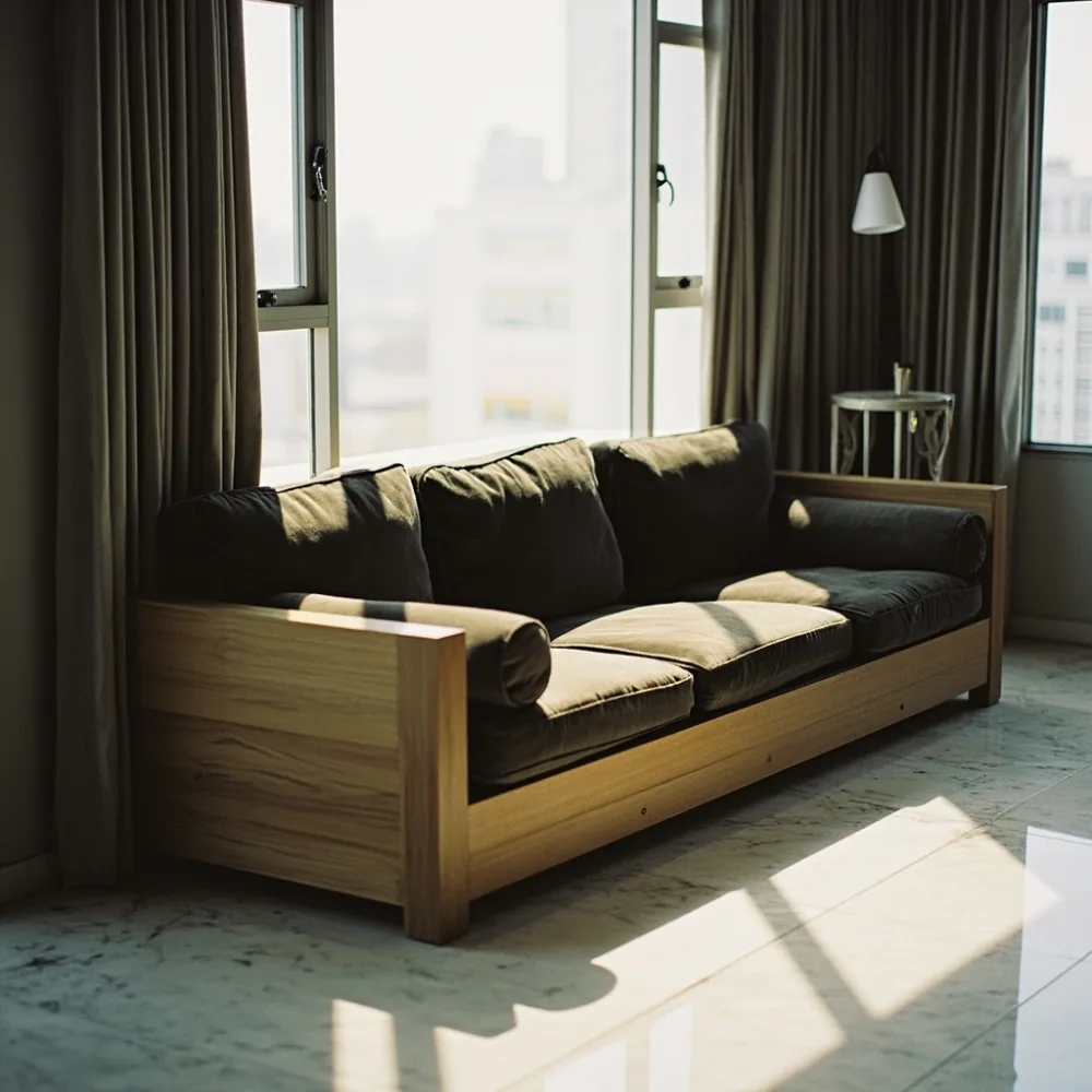 Sofa kayu pepejal tiga tempat duduk upholsteri baldu dalam ruang tamu kondominium Kuala Lumpur dengan lantai marmar