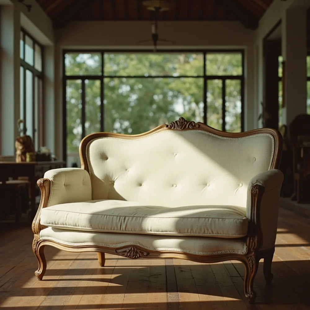 Sofa gaya Perancis berukiran kayu beech dengan upholsteri linen krim di teres warisan Pulau Pinang