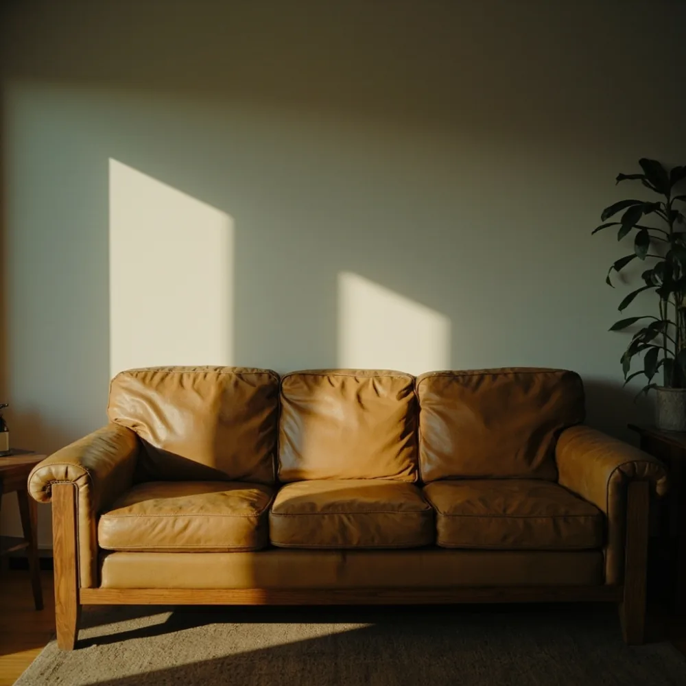 Sofa gaya Amerika upholsteri kulit tan dengan kerangka oak tebal di ruang tamu teres semi-D Johor Bahru