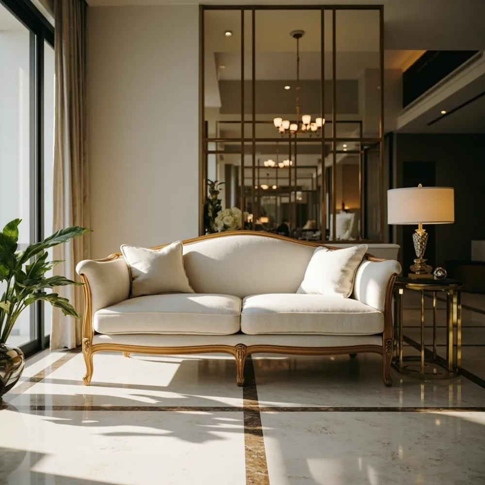 Sofa my kayu jati gaya Perancis mewah dalam kondominium Kuala Lumpur