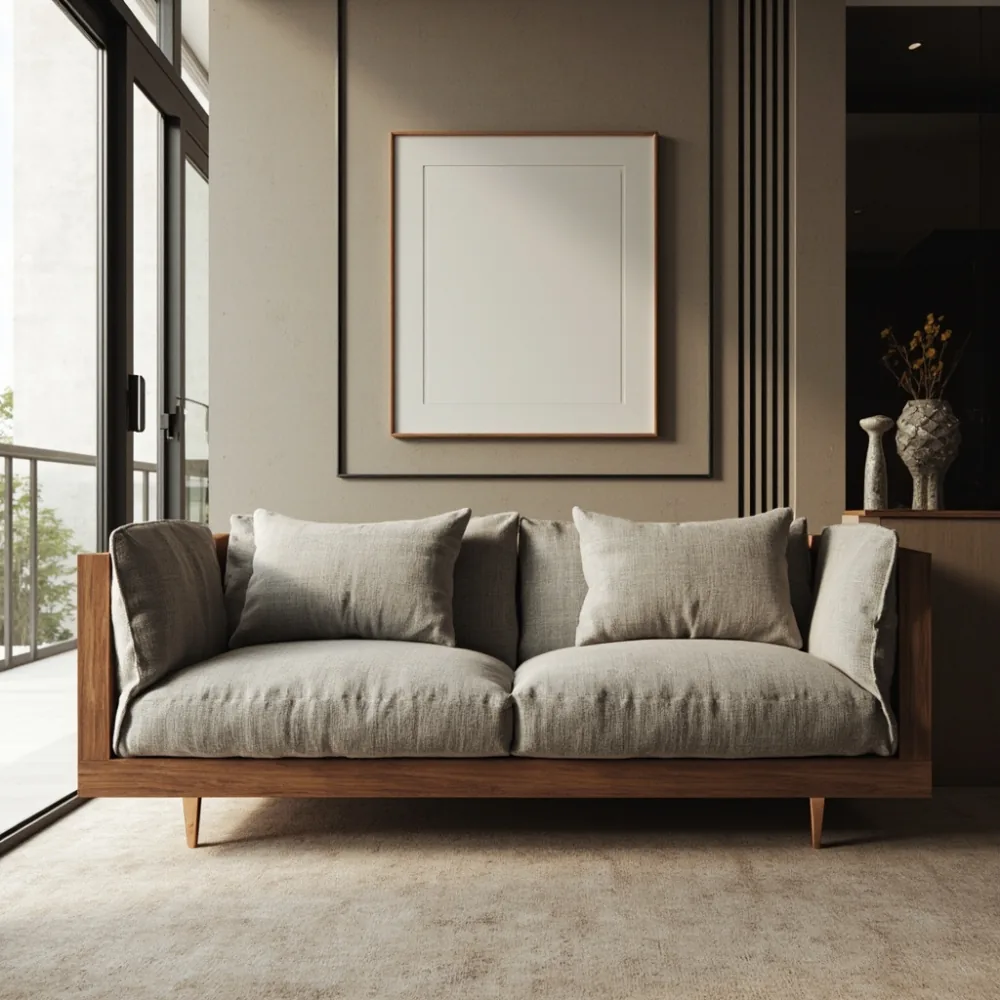 Sofa my kayu walnut gaya postmoden dalam kondominium Johor Bahru