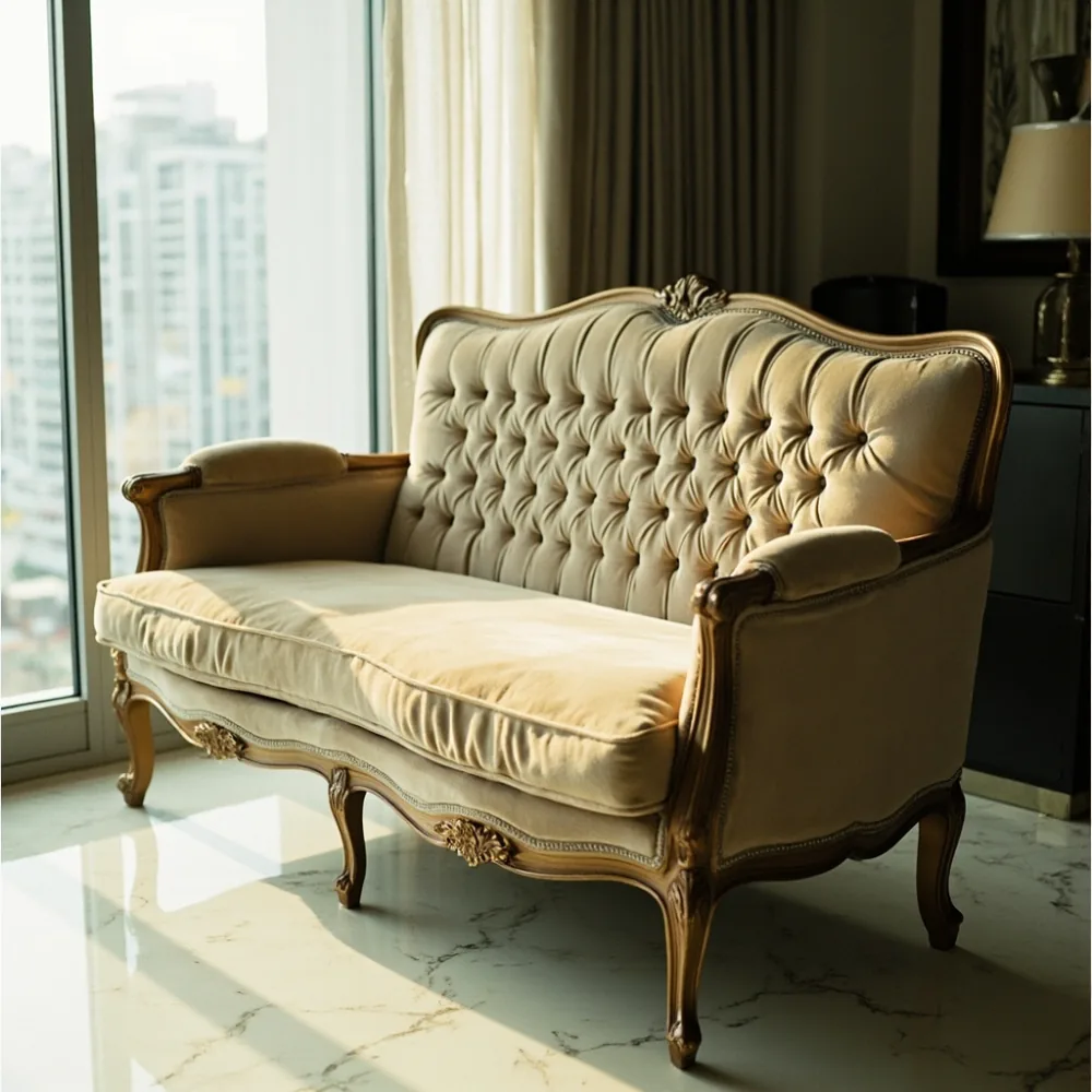 Sofa my gaya mewah Perancis dalam ruang tamu kondominium Kuala Lumpur dengan cahaya petang