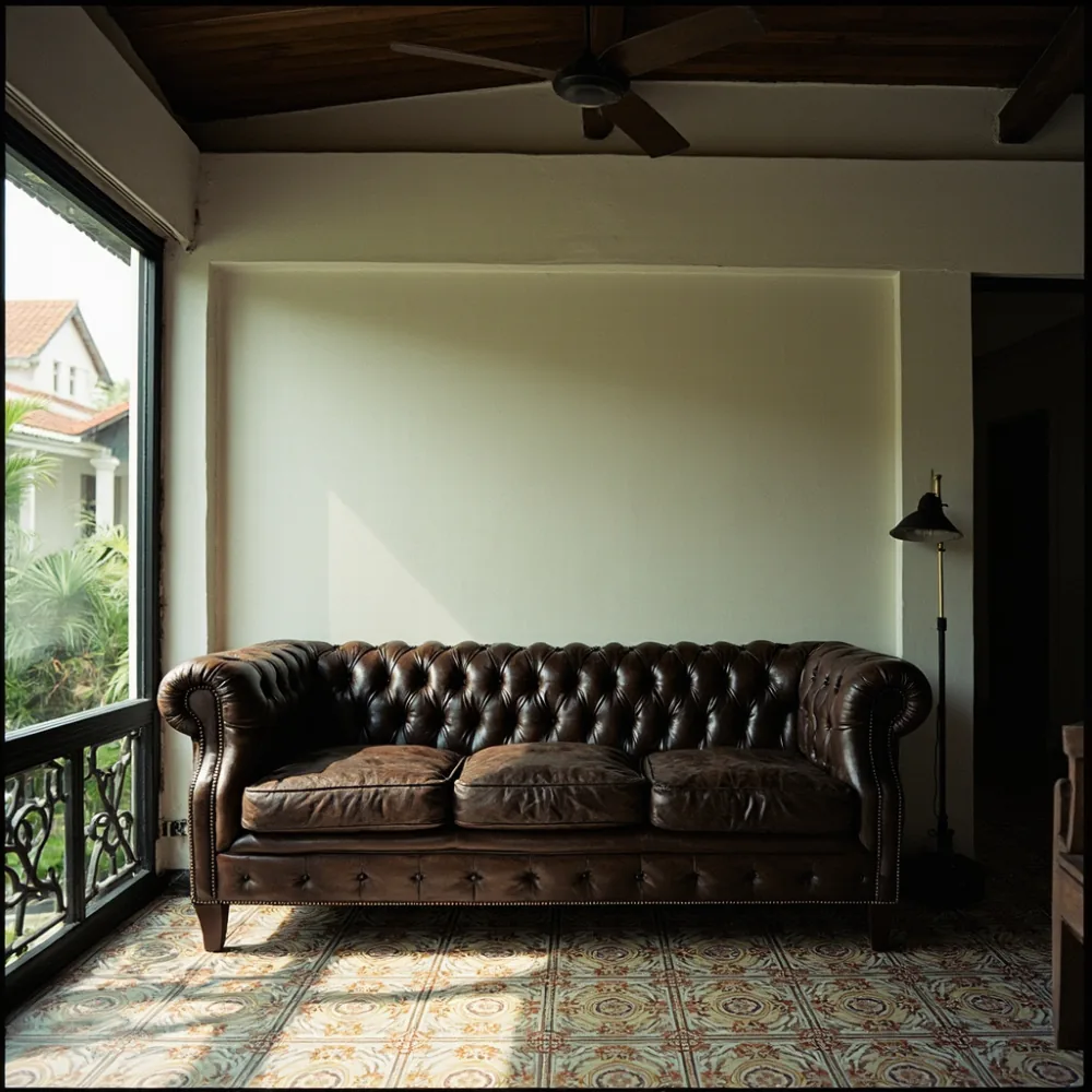 Sofa my gaya mewah Amerika kulit nubuck di rumah teres Pulau Pinang dengan jubin Peranakan