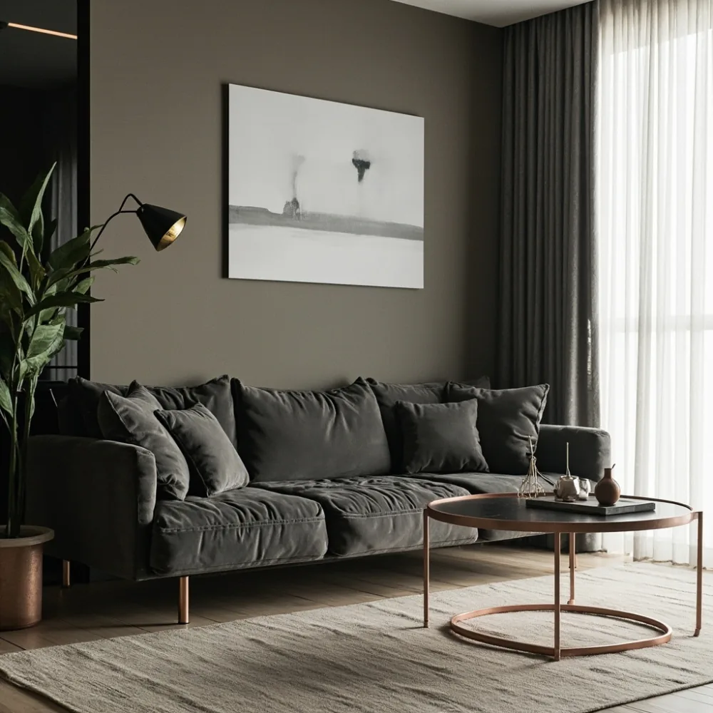 Sofa my postmoden geometri kelabu arang dengan kaki loyang emas mawar di kondominium Johor Bahru