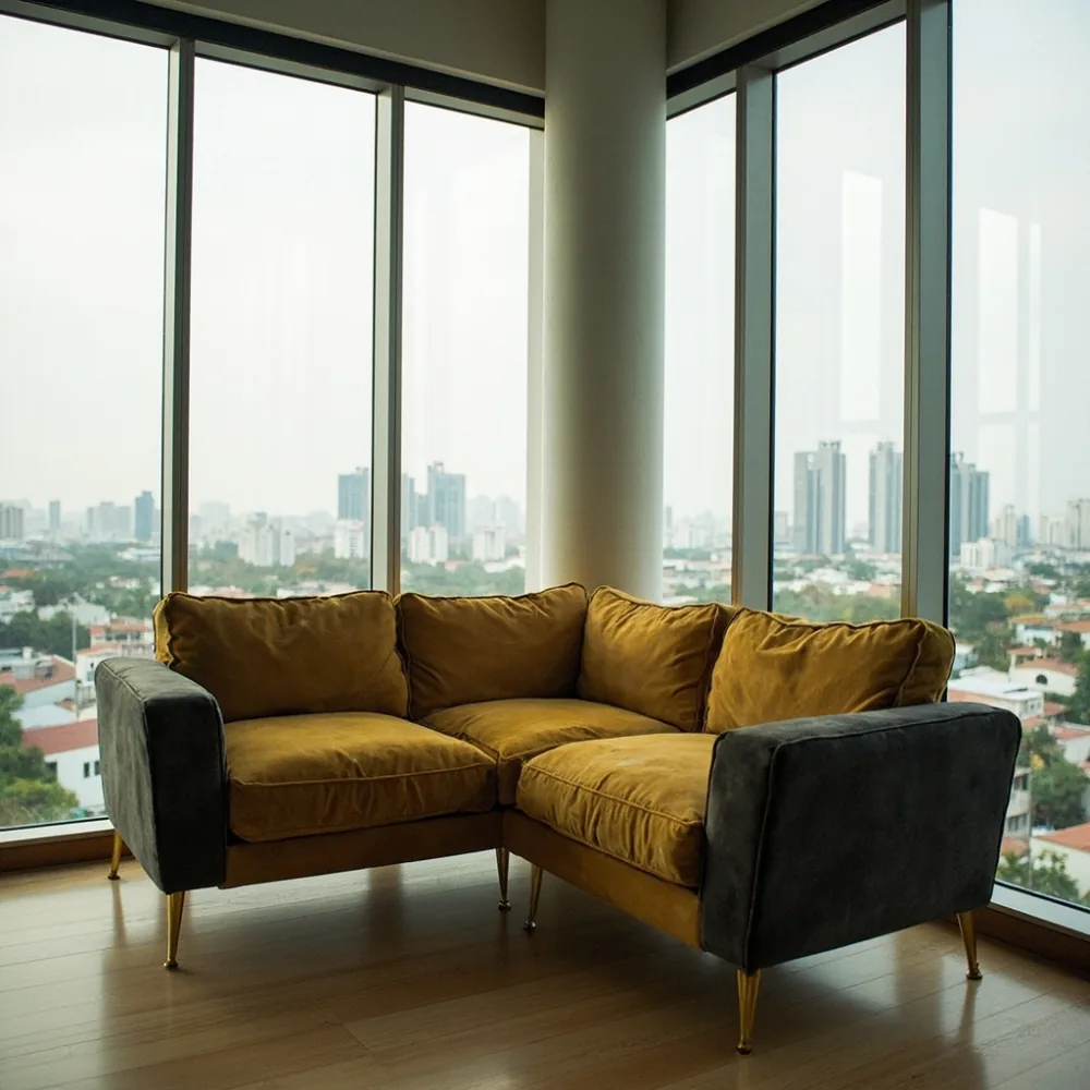 Sofa modular postmoden kuning mustard dan arang dengan kaki emas di condominium Johor Bahru