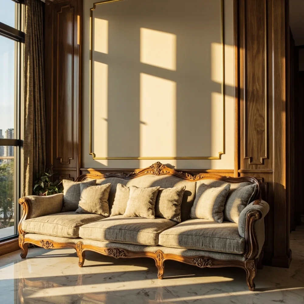 Sofa my gaya Perancis dalam ruang tamu kondominium Malaysia dengan fabrik boucle dan kayu walnut