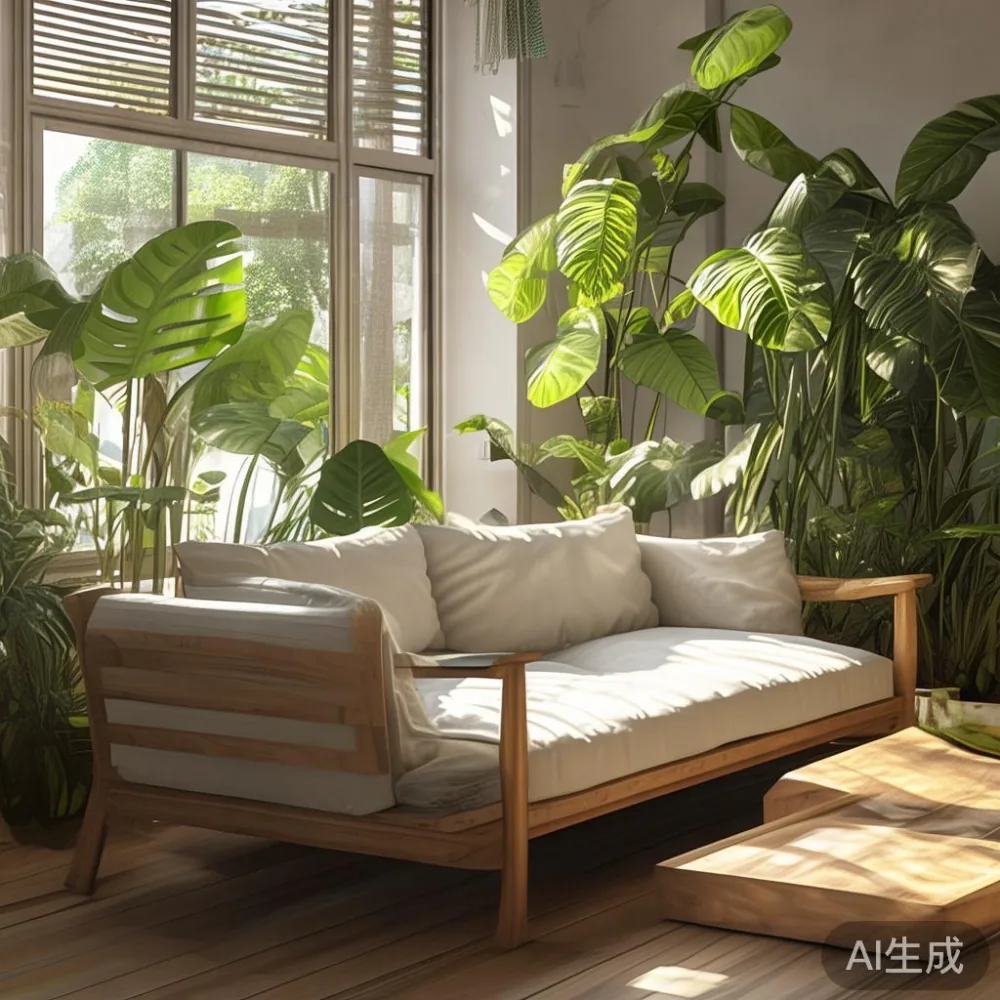 Sofa my gaya Amerika moden di teres tropika Johor Bahru dengan fabrik linen dan profil rendah