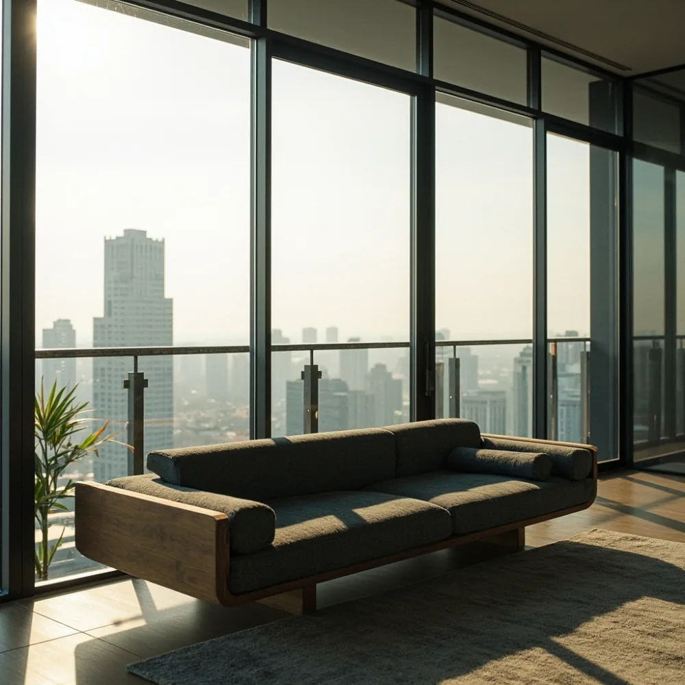 Sofa postmoden modular kayu balaz fabrik boucle arang di balkoni kondominium Johor Bahru dengan pemandangan bandar waktu pagi