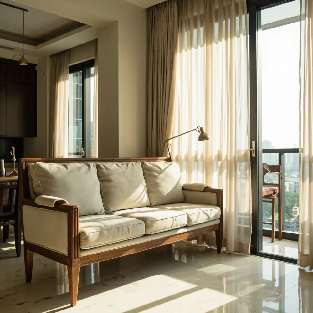 Sofa my mewah gaya Perancis daripada kayu jati di ruang tamu kondominium Kuala Lumpur dengan cahaya pagi semula jadi.