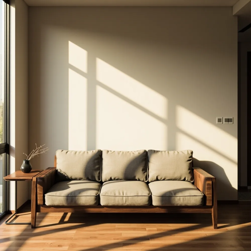 Sofa my tiga dudukan gaya Amerika kemasan walnut tinggi dan meja sisi padan di teres Johor Bahru dengan cahaya petang lembut.