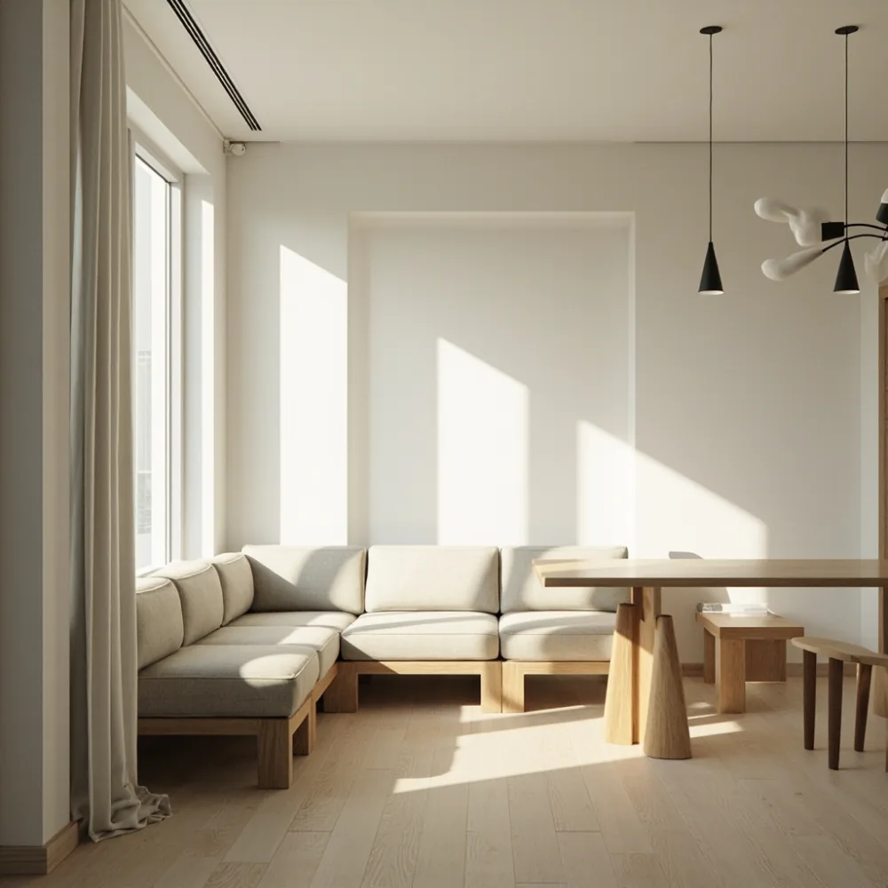 Sofa my pasca moden modular kayu oak ringan bersama meja makan langsing di kondominium Pulau Pinang dengan pencahayaan ambien.
