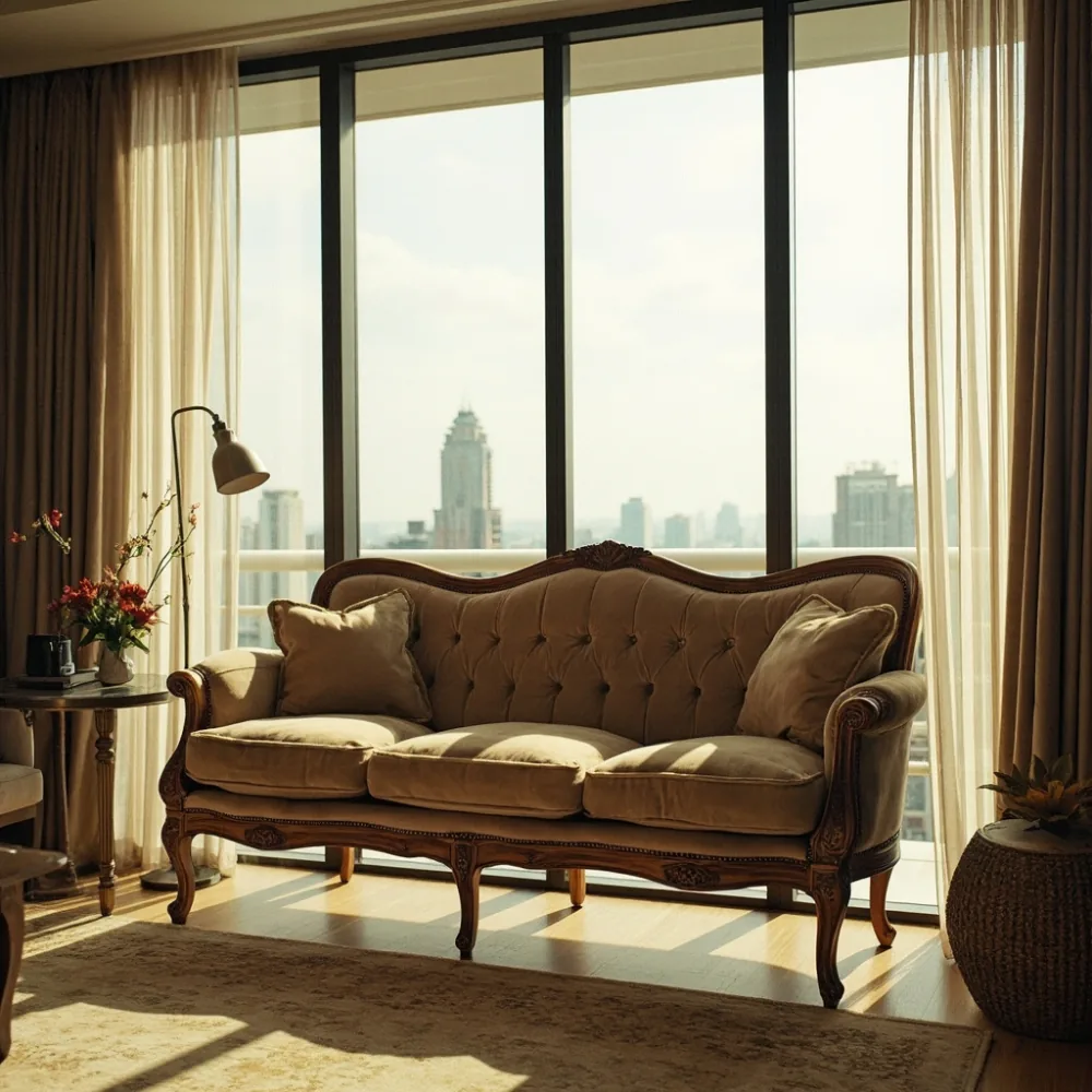 Sofa my kayu pepejal gaya Perancis dalam kondominium Kuala Lumpur dengan upholsteri baldu champagne dan kaki cabriole