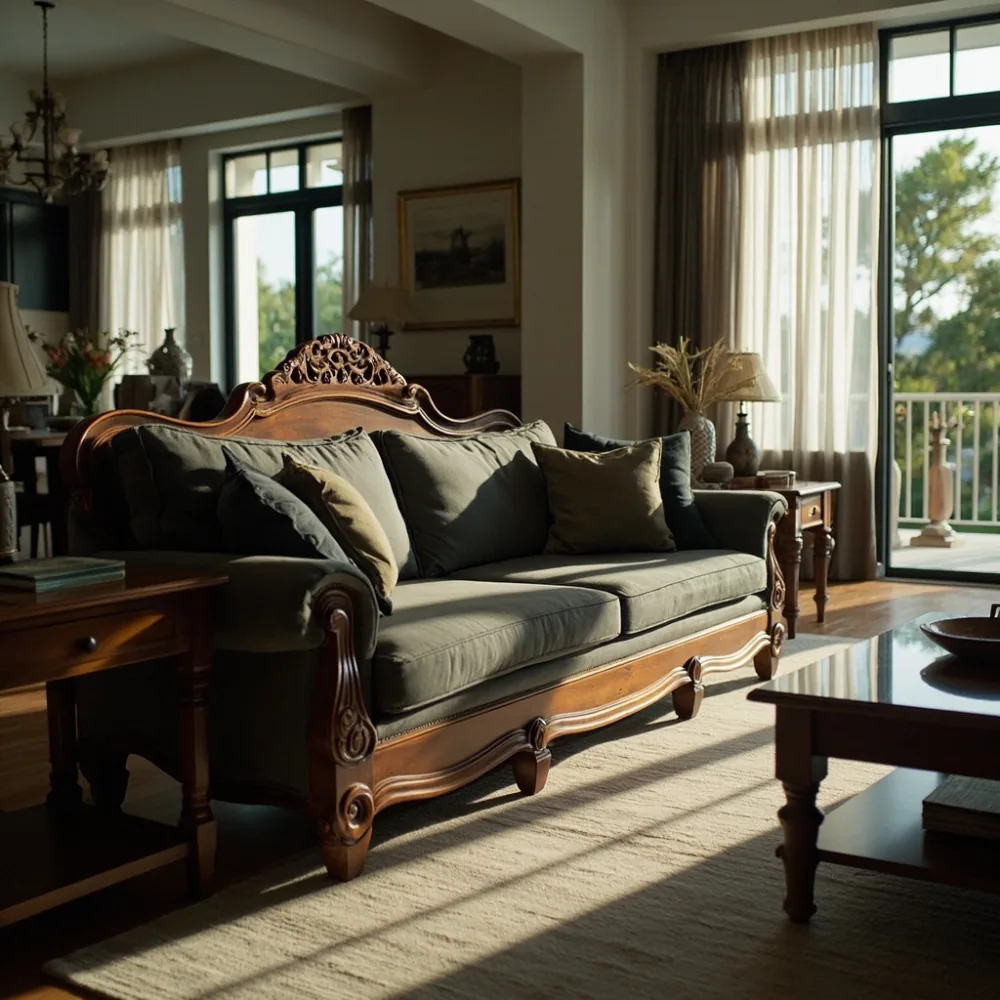 Sofa my gaya Amerika bersaiz besar dalam ruang tamu teres Johor Bahru dengan trim paku stud dan kusyen linen charcoal
