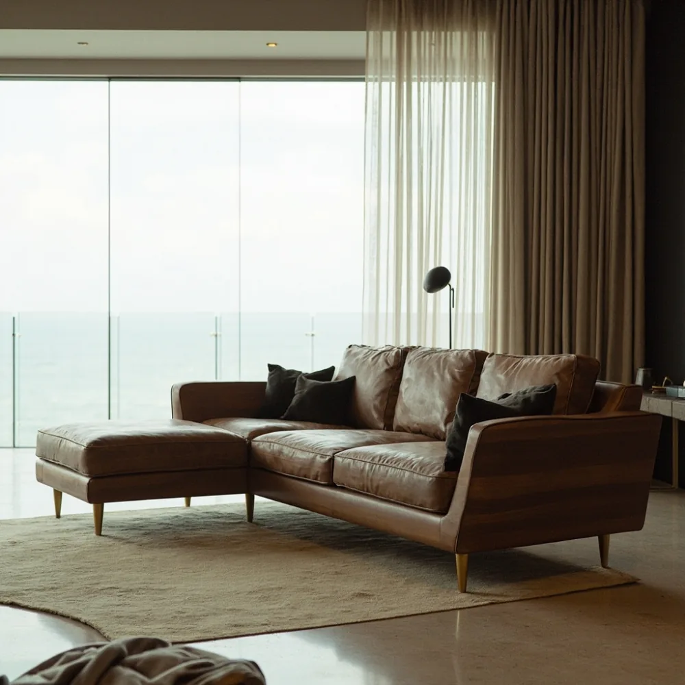 Sofa my postmoden walnut gelap dengan kaki logam emas matte di penthouse Pulau Pinang menghadap laut Tanjung Tokong