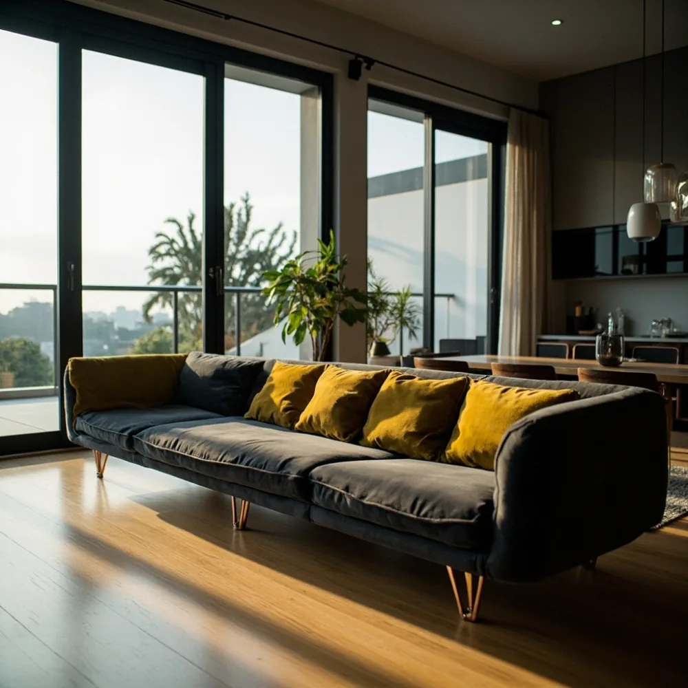 Sofa modular postmoden mustard dan arang di teres Pulau Pinang kontemporari