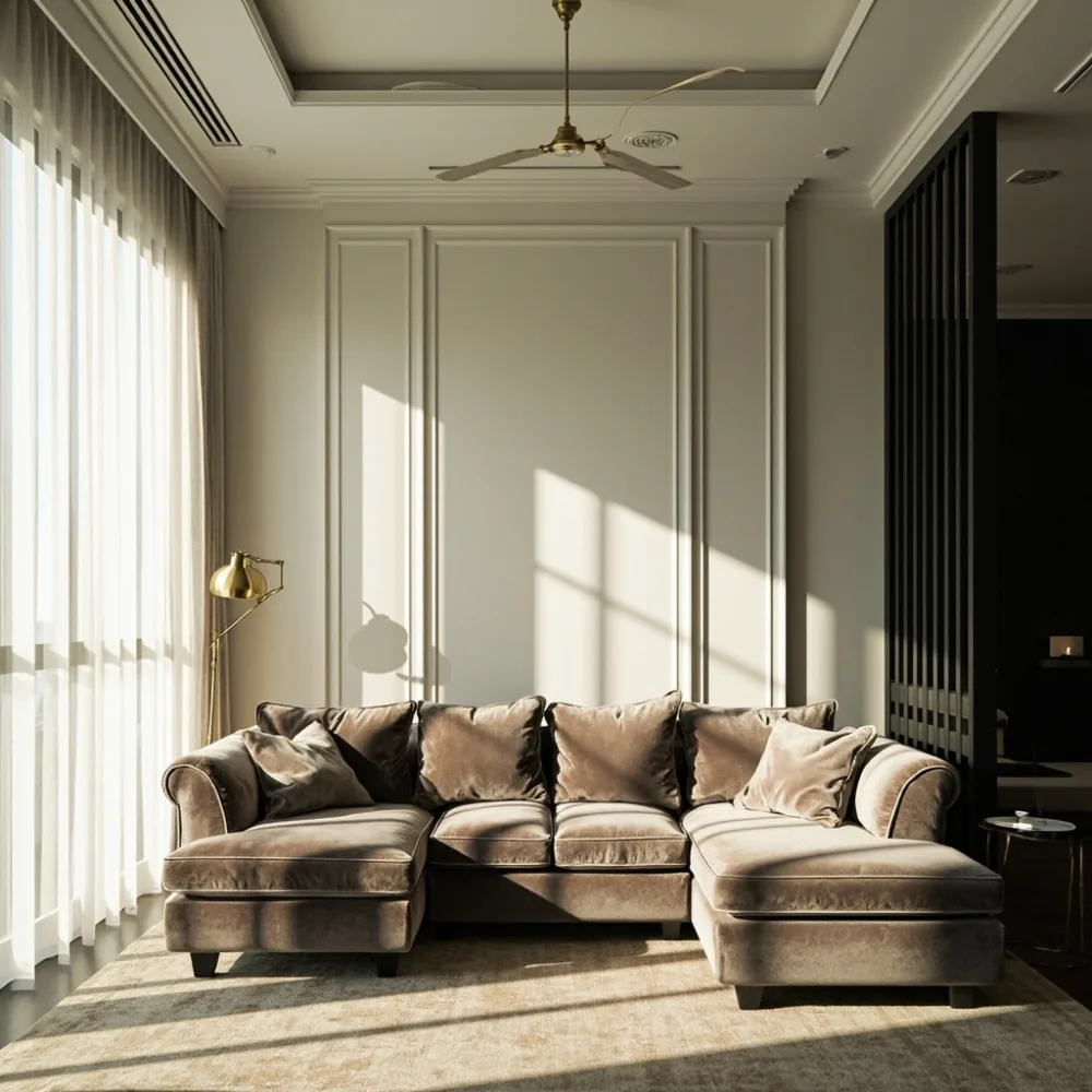 Sofa Amerika mewah chenille di ruang tamu luas kondominium Johor Bahru