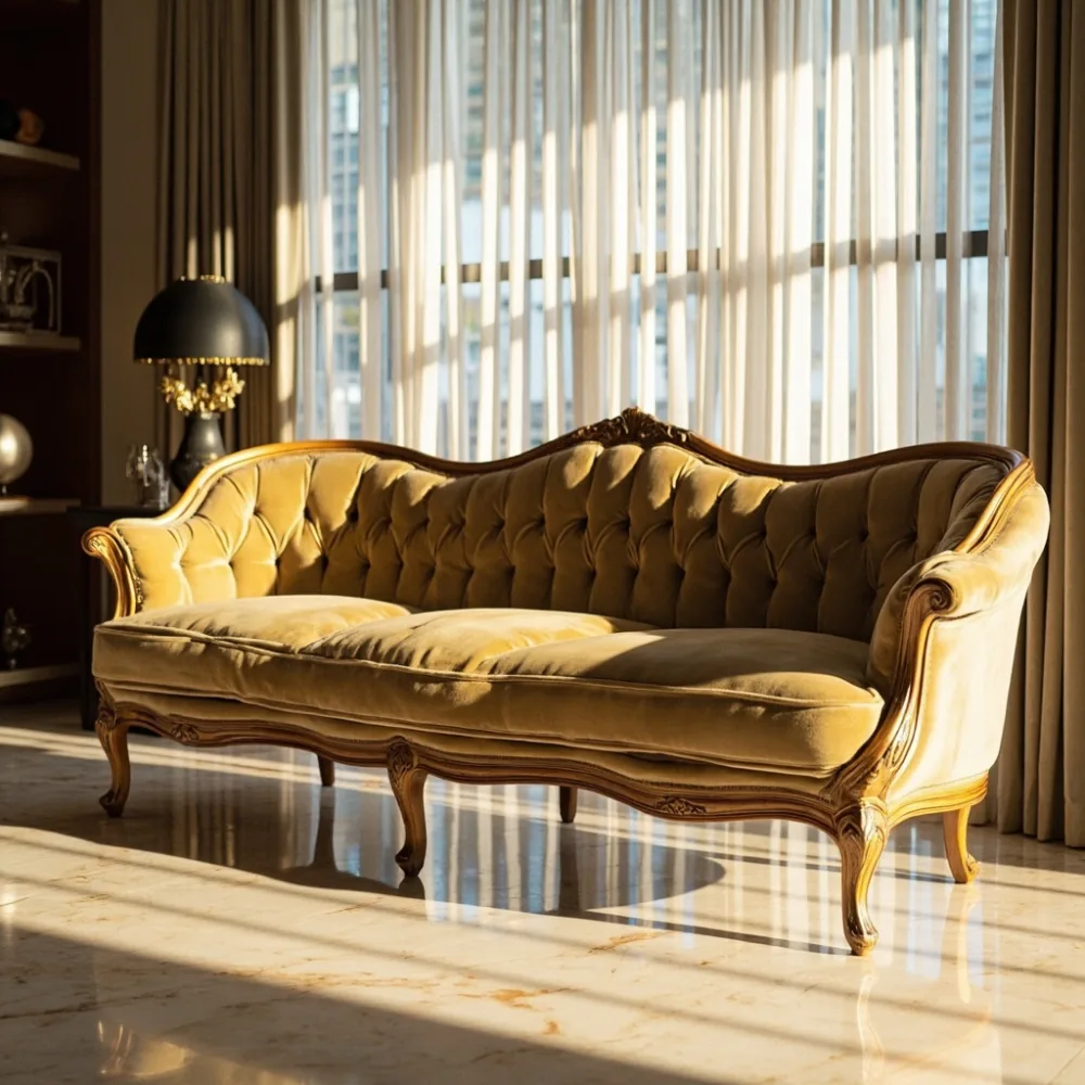 Sofa mewah Perancis baldu champagne dalam ruang tamu kondominium Kuala Lumpur