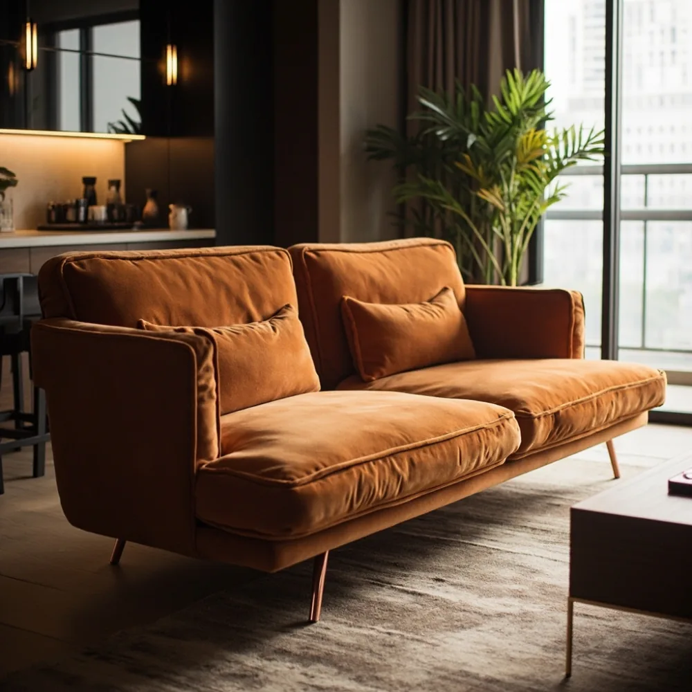 Sofa kayu pepejal pasca moden dengan baldu terracotta di kondominium Johor Bahru