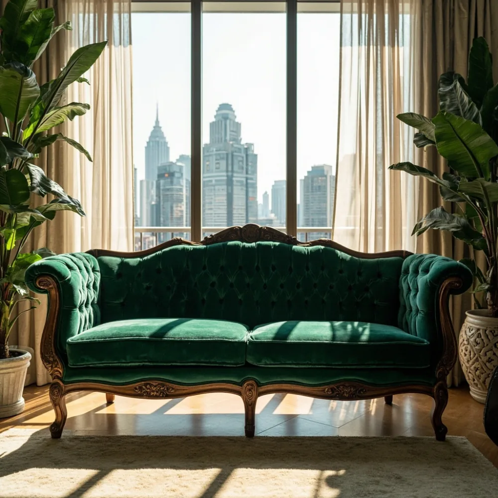 Sofa kayu pepejal gaya Perancis mewah di kondominium tropika Kuala Lumpur