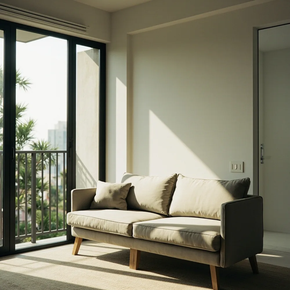 Sofa kayu pepejal pasca moden di kondominium Pulau Pinang