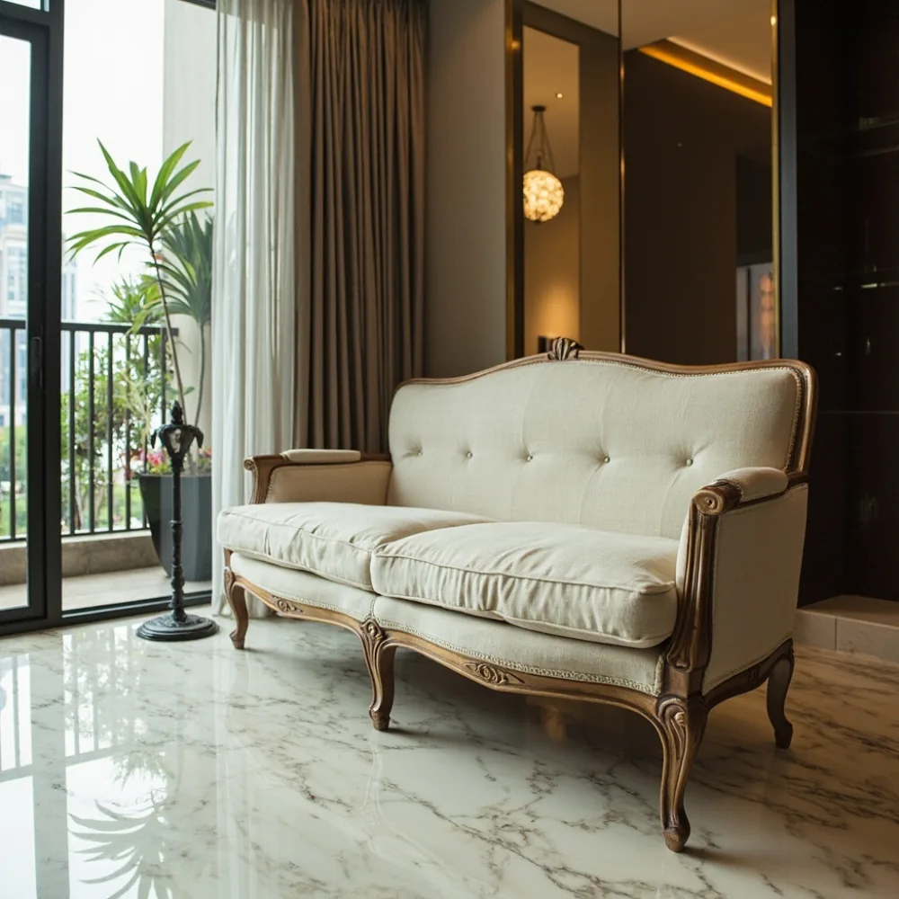 Sofa mewah Perancis berkaki cabriole dalaman linen champagne untuk kondominium KL