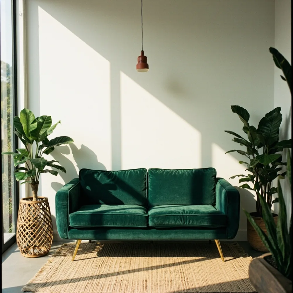 Sofa postmoden Amerika upholsteri boucle zamrud dengan kaki emas di teres P.Pinang