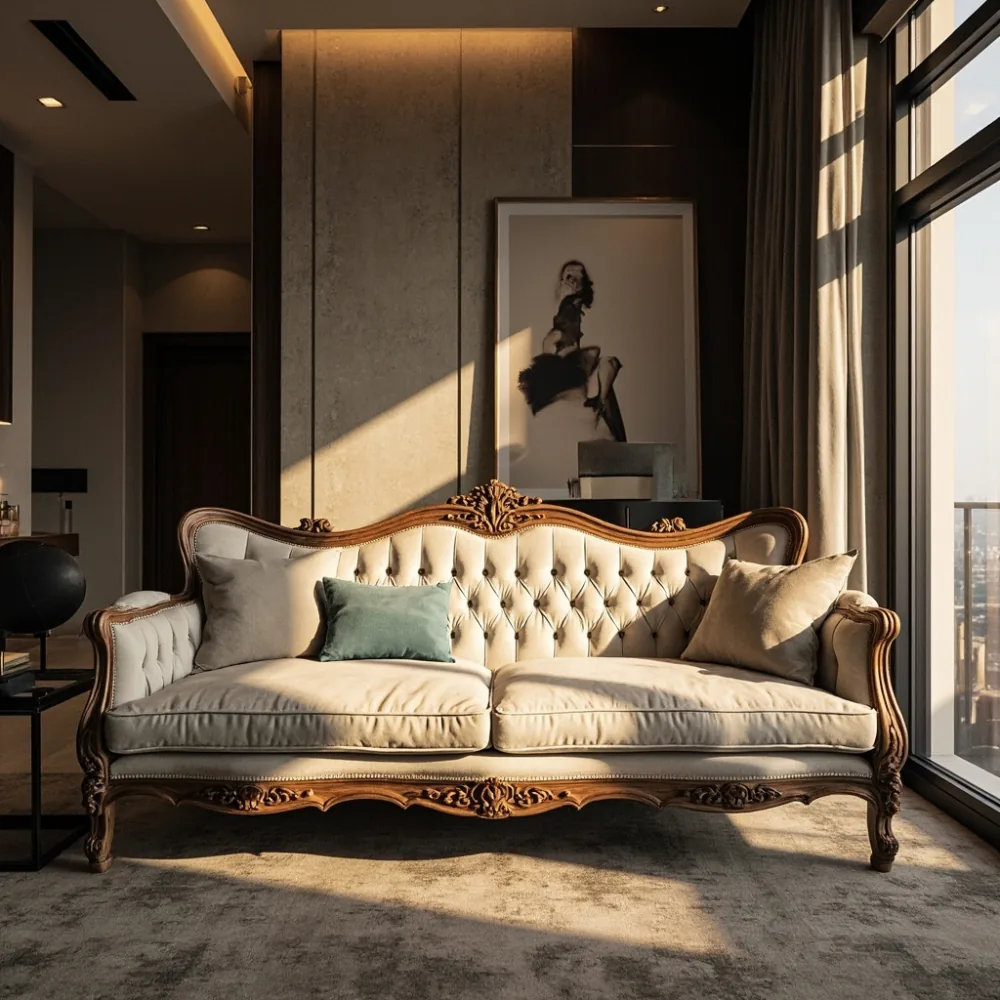 Sofa kayu pepejal gaya Perancis dalam kondominium mewah