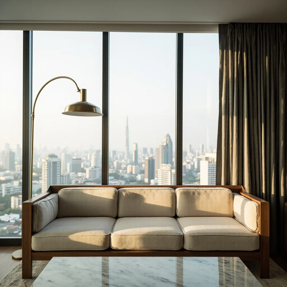 Sofa my kayu pepejal gaya moden di ruang tamu kondominium Kuala Lumpur