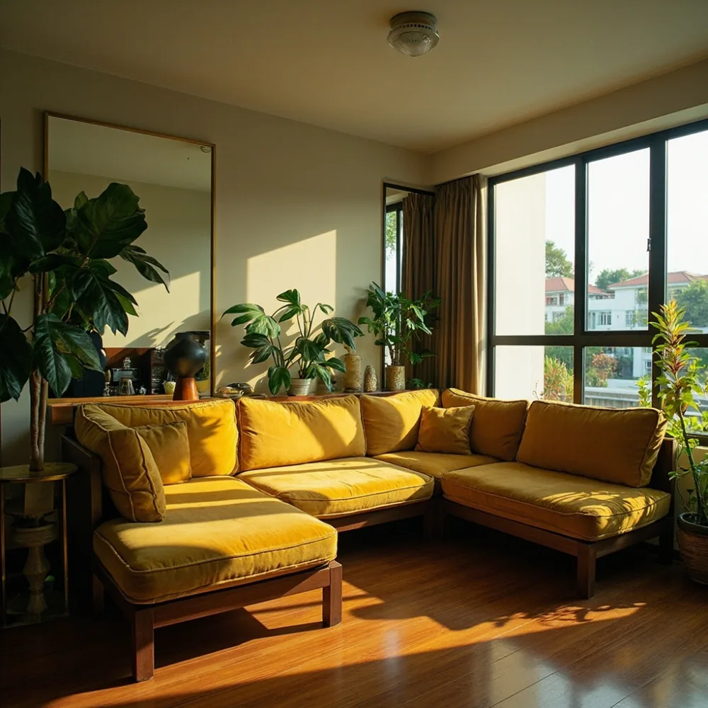 Sofa my L-shape kayu walnut Postmoden di rumah teres Johor Bahru