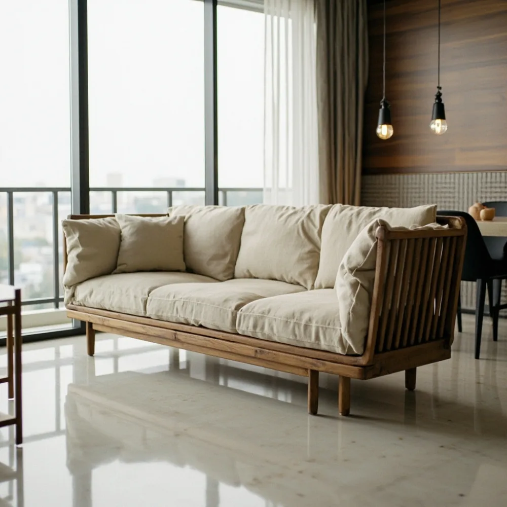 Sofa my kayu pepejal walnut 230 cm dalam ruang tamu kondominium KL 24 m² dengan lantai marmar