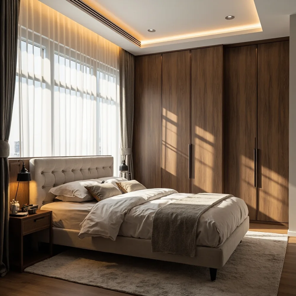 Rangka katil queen size dan almari baju walnut dalam bilik tidur kondominium Johor Bahru kecil