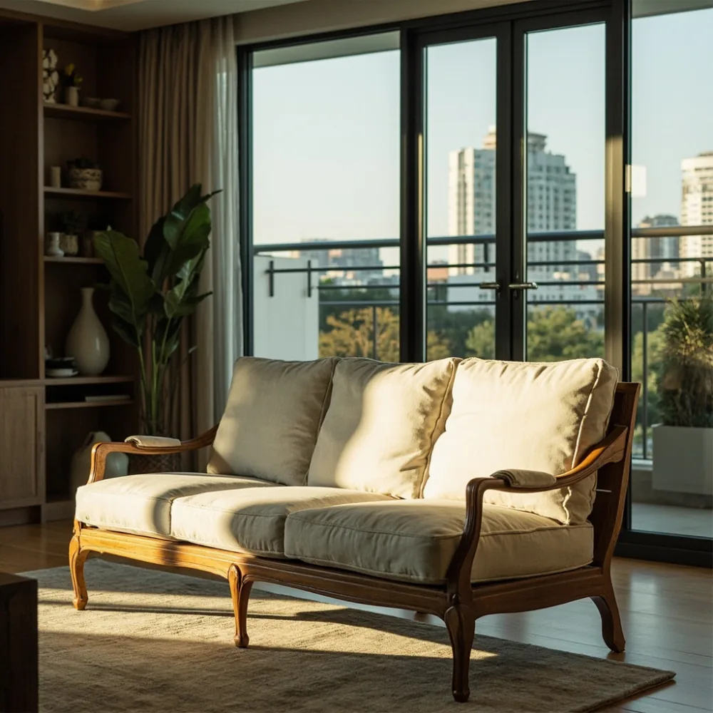 Sofa kayu pepejal mewah gaya Perancis dalam ruang tamu kondominium Kuala Lumpur