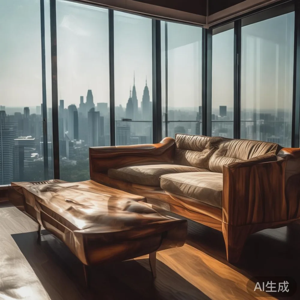 Sofa kayu pepejal mewah di ruang tamu kondominium Kuala Lumpur