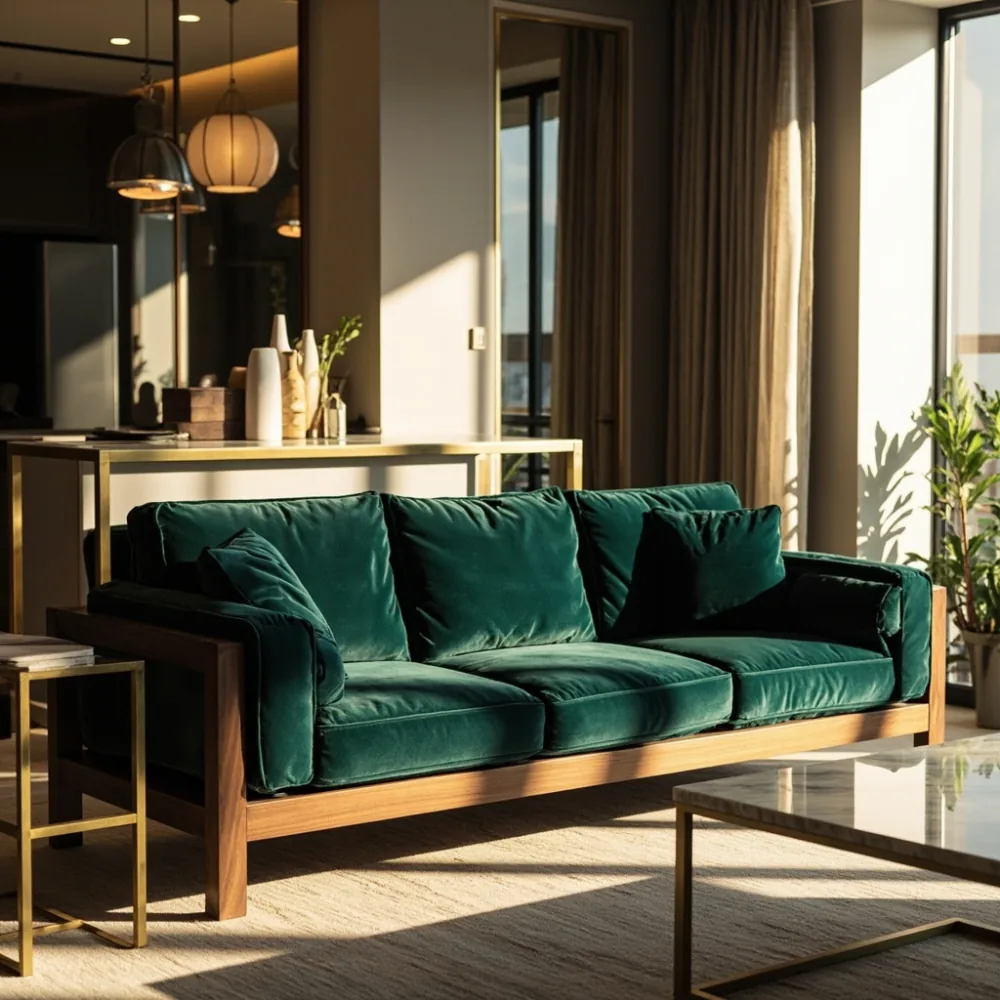 Sofa my kayu walnut tiga dudukan di ruang tamu kondominium Malaysia