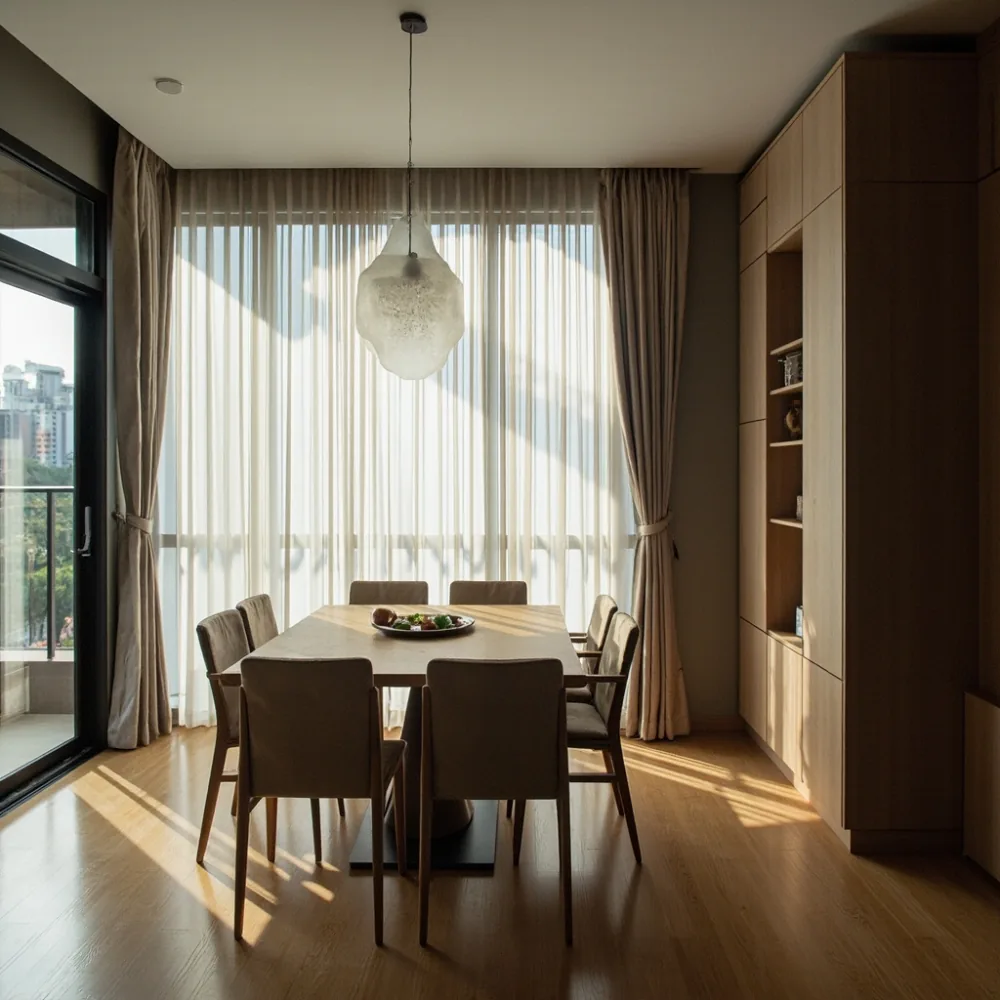 Meja makan oak 180 cm bergaya postmoden di kondominium Pulau Pinang