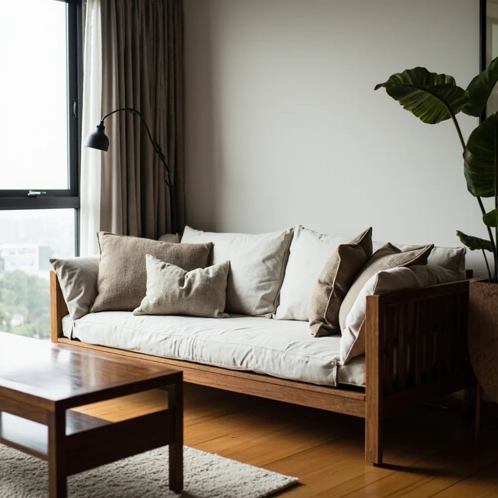 Sofa mewah Amerika oak dengan meja kopi walnut dalam kondominium moden Pulau Pinang