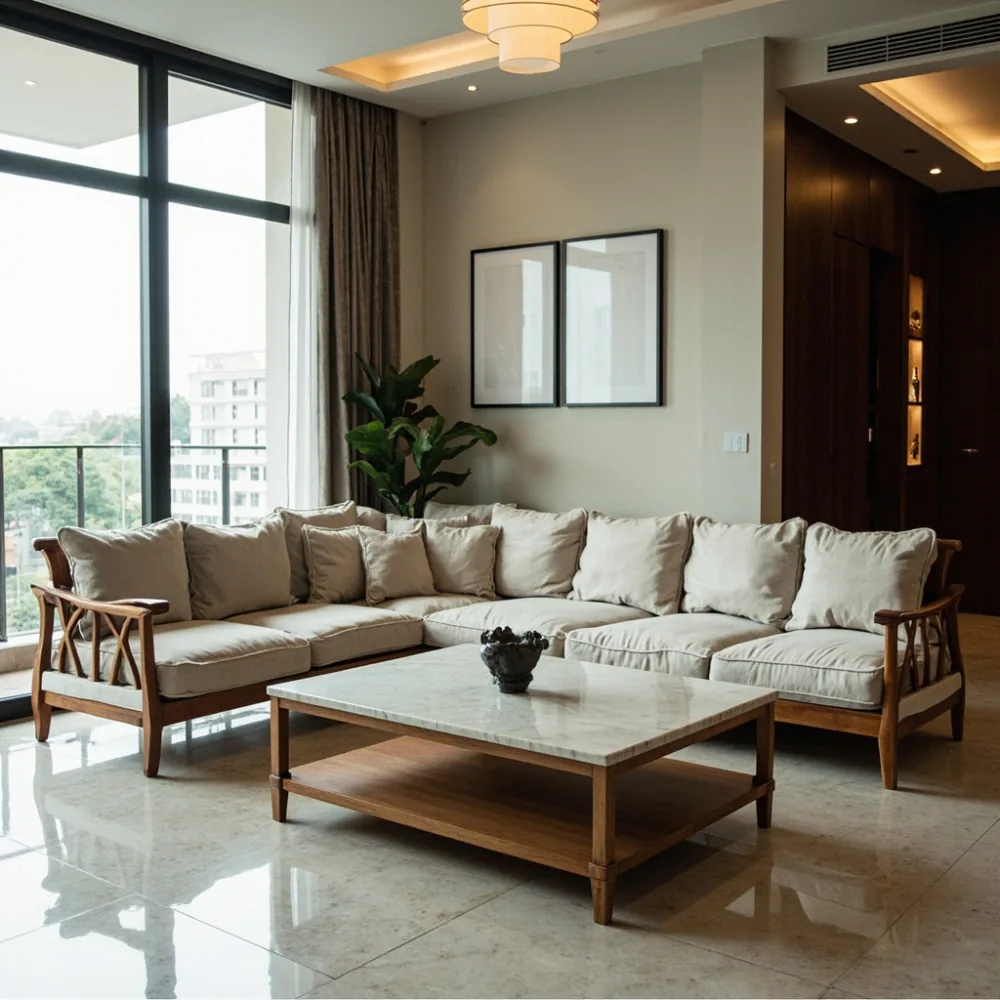 Sofa mewah Perancis di kondominium Kuala Lumpur dengan kusyen linen