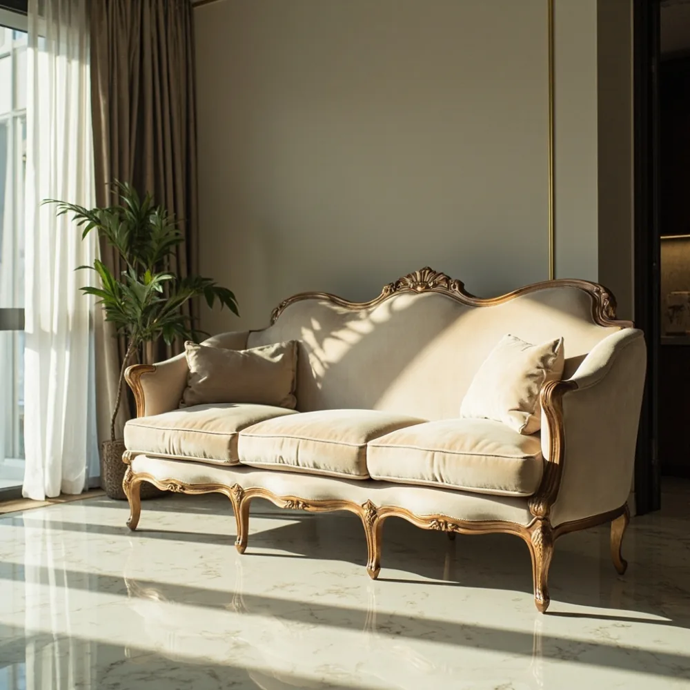 Sofa My kayu pepejal mewah Perancis dalam ruang tamu kondominium KL