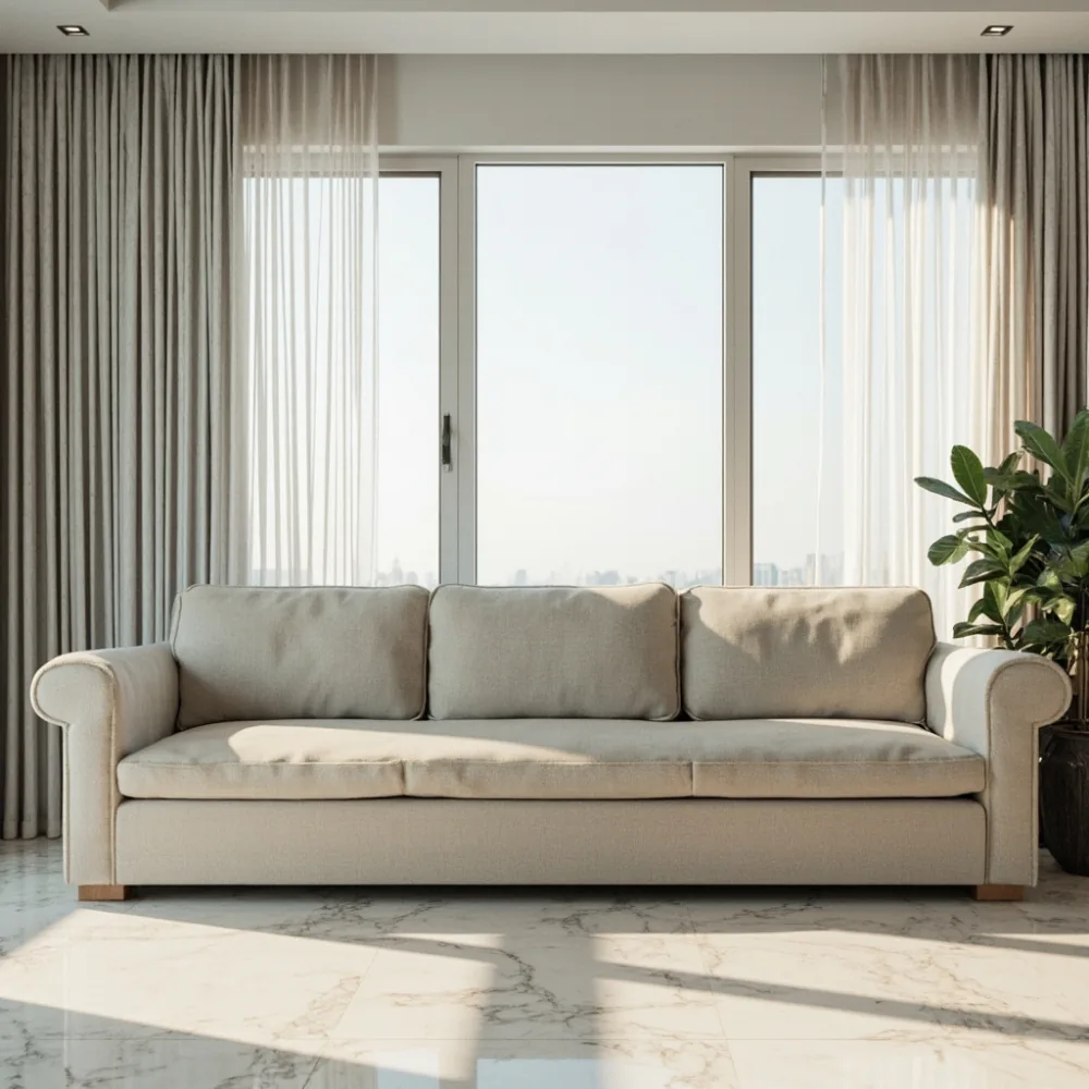 Sofa my kayu oak putih tiga dudukan dalam ruang tamu kondominium KL
