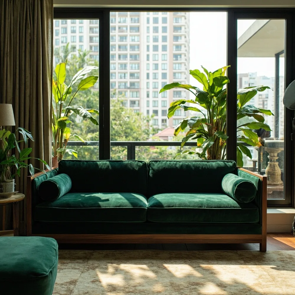 Sofa my postmoden kayu walnut baldu zamrud dalam kondominium Georgetown