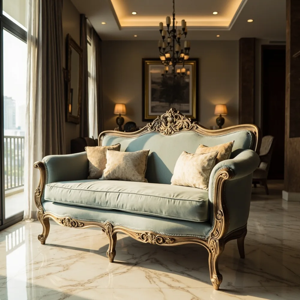 sofa kayu pepejal gaya Perancis mewah dengan ukiran flora dalam ruang tamu kondominium Kuala Lumpur
