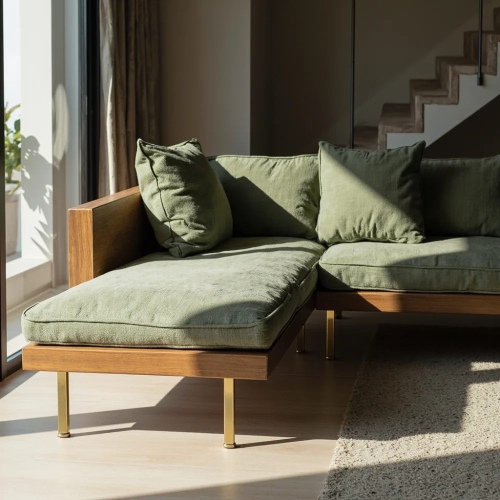 sofa pasca moden modul L dengan kaki emas matte di rumah teres dua tingkat Johor Bahru