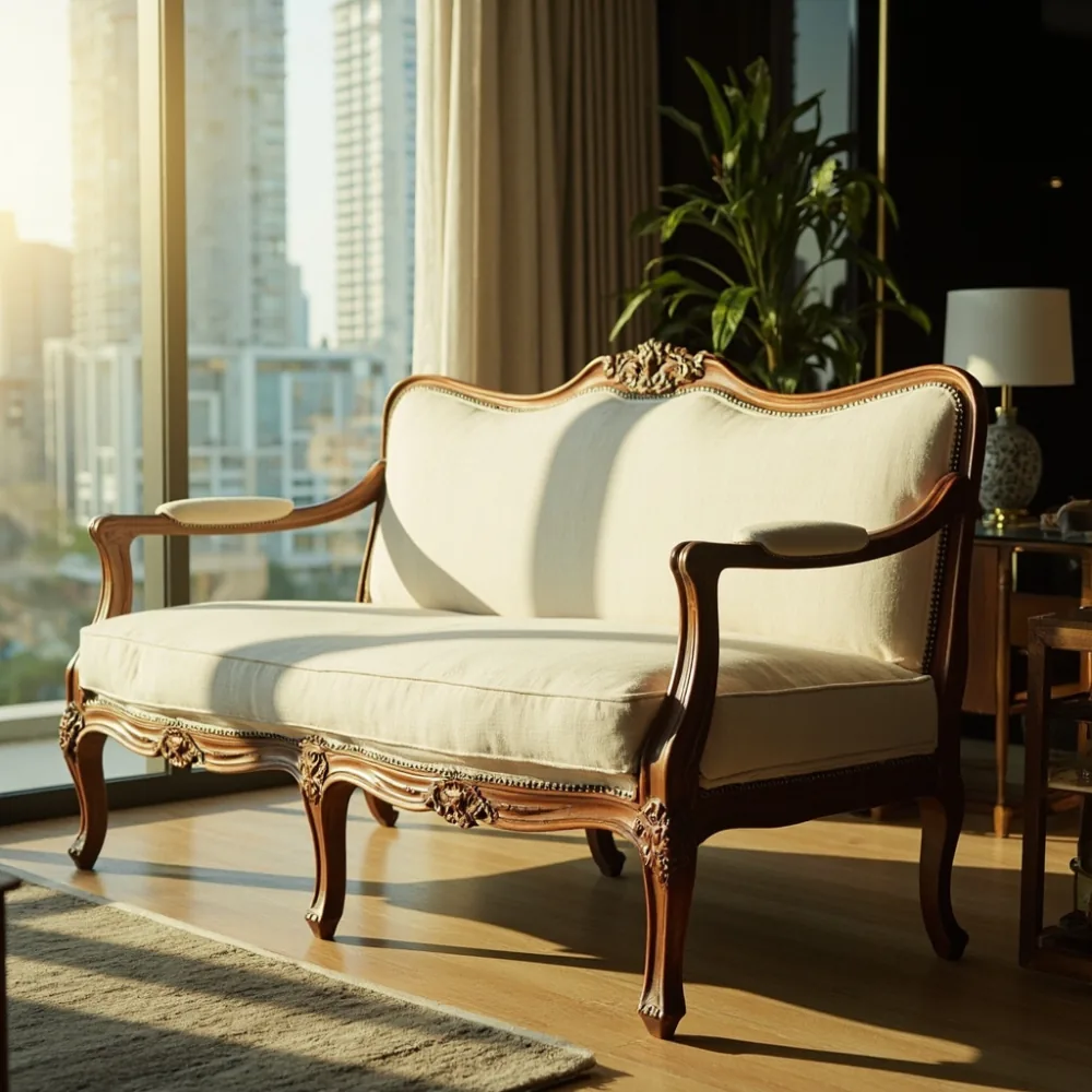 Sofa my kayu pepejal gaya Perancis dalam ruang tamu kondominium Kuala Lumpur