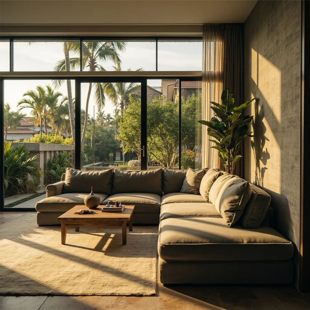 Sofa my sectional kayu pepejal gaya Amerika dalam teres tropika Johor Bahru