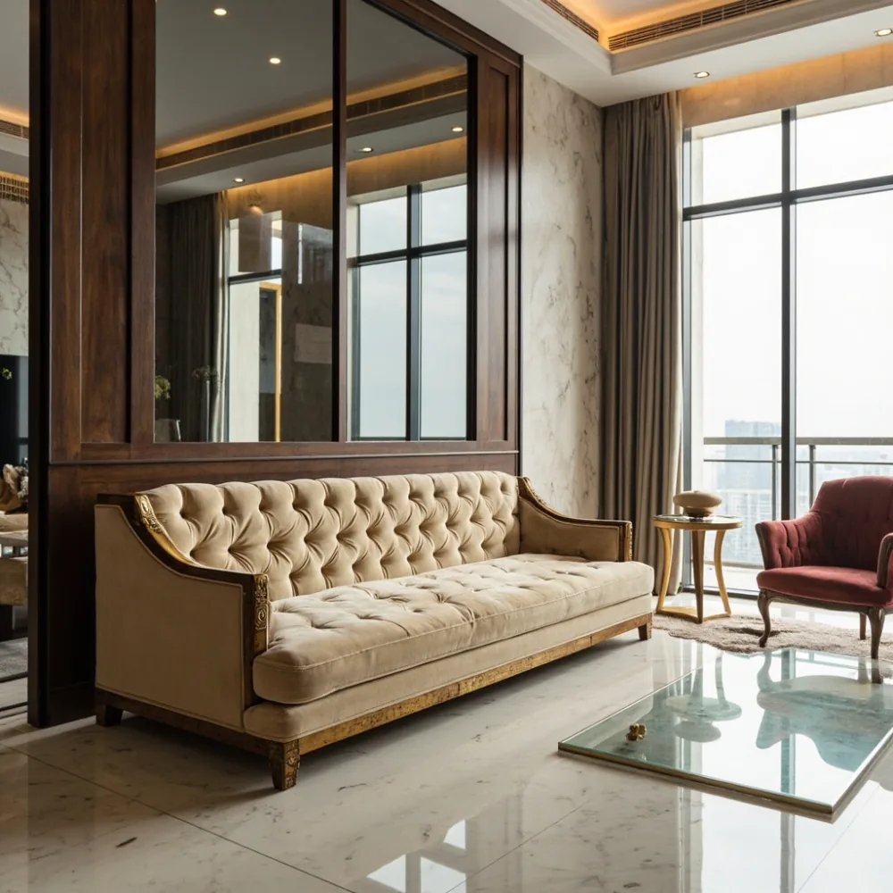 Sofa mewah Perancis kayu pepejal baldu champagne dalam kondominium KL
