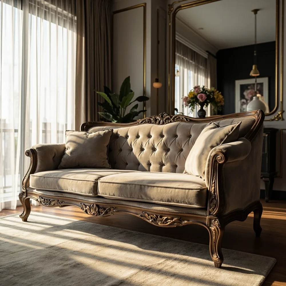 sofa gaya Perancis kayu pepejal di kondominium Kuala Lumpur