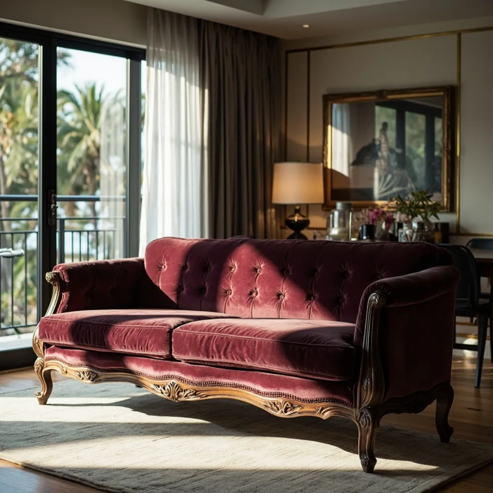 Sofa mewah Perancis kayu pepejal dalam ruang tamu kondominium KL