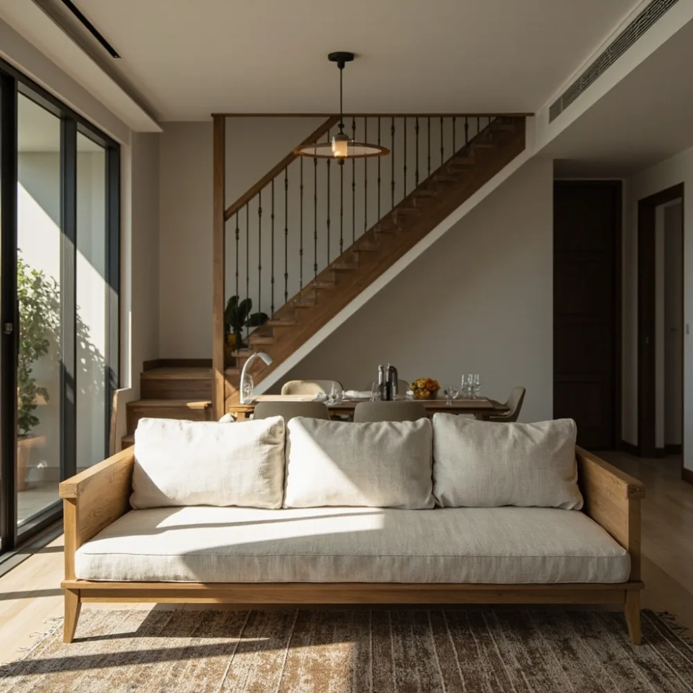 Sofa mewah Amerika kayu pepejal oak dalam ruang tamu rumah teres Johor Bahru